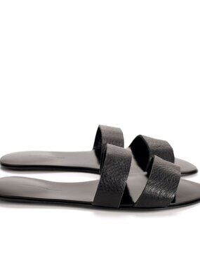 New HANDMADE Black Genuine Leather Flat Slides Slippers Sandals NYC Designer